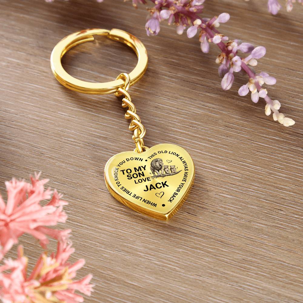 To My Son Heart Keychain Gift from Dad, Old Lion Always Has Your Back Personalized Keepsake