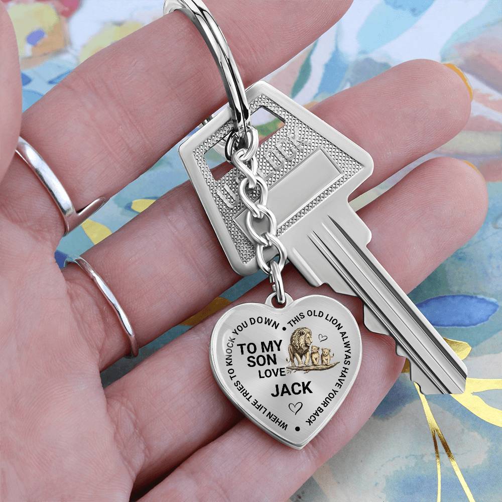 To My Son Heart Keychain Gift from Dad, Old Lion Always Has Your Back Personalized Keepsake