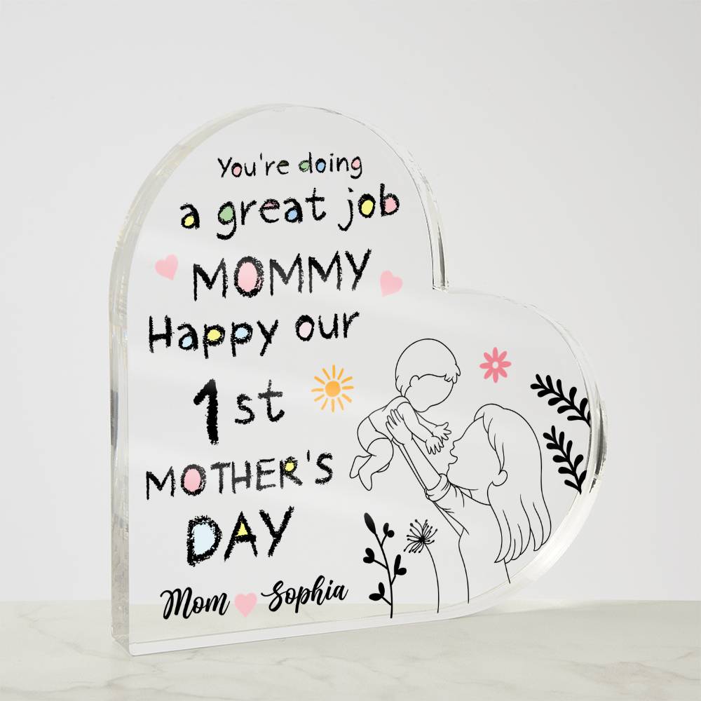 1st Mother’s Day Personalized Acrylic Plaque – First Mother’s Day Gift for Mommy, Custom Mom & Baby Name Keepsake, New Mom Heart Plaque