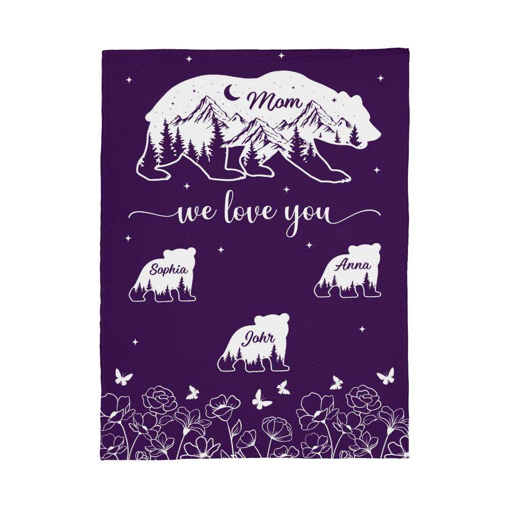 Mom We Love You Personalized Bear Blanket – Custom Mom Blanket with Kids Names, Mother’s Day Gift for Mom, Family Bear Throw Blanket