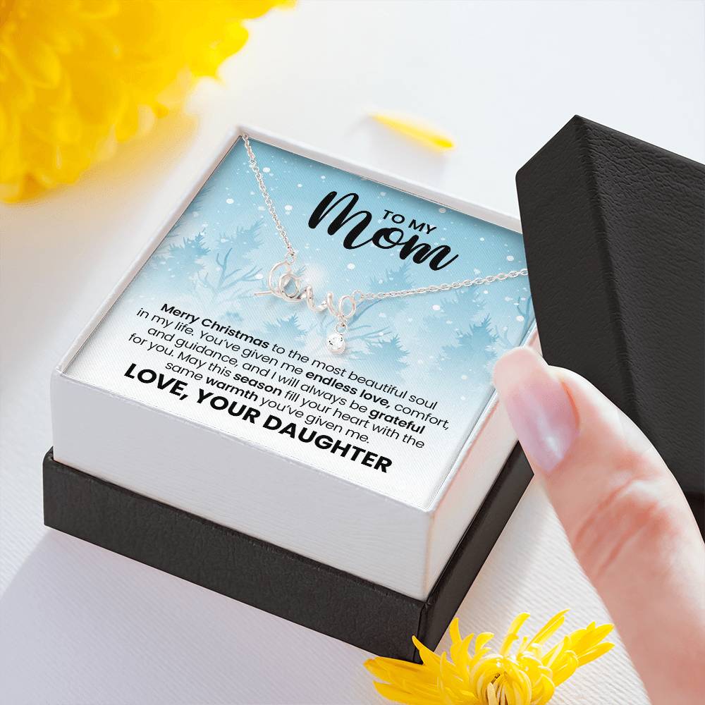 Love Necklace for Mom – Meaningful Christmas Gift from Daughter, Gold Scripted Love Necklace with Heartfelt Message Card