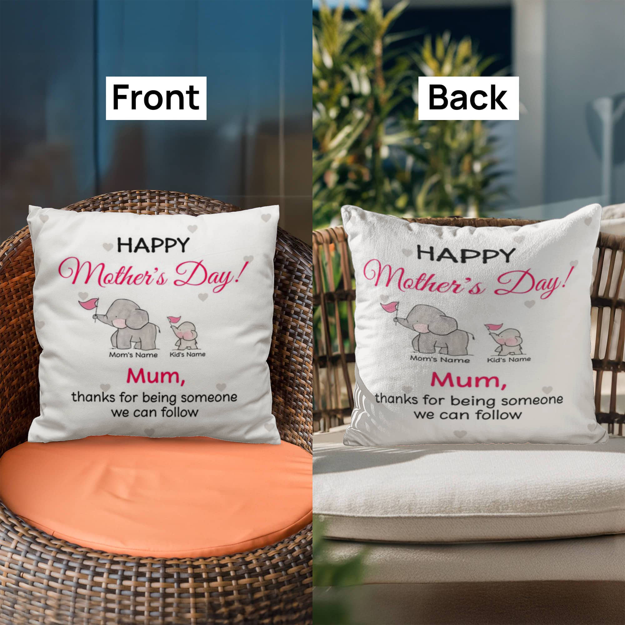 Personalized Mother’s Day Elephant Pillow – Custom Mom and Kids Name Pillow, Happy Mother’s Day Gift for Mom, Cute Mom Throw Pillow