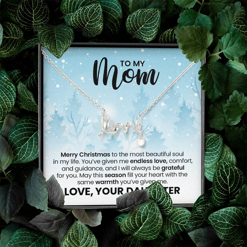 Love Necklace for Mom – Meaningful Christmas Gift from Daughter, Gold Scripted Love Necklace with Heartfelt Message Card