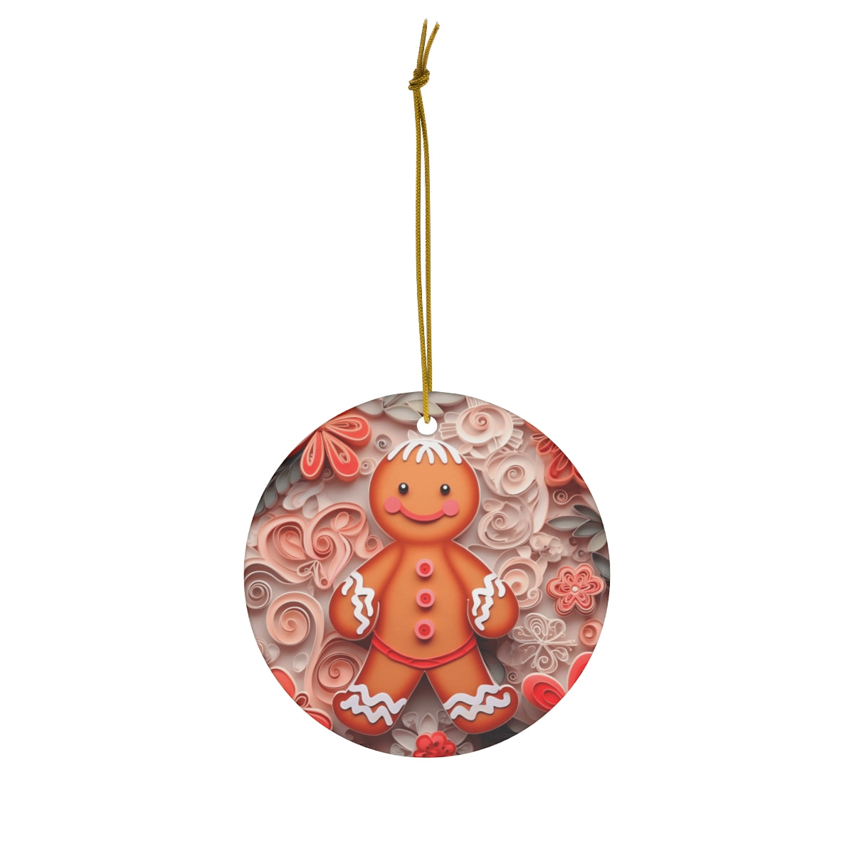 Gingerbread Series - Gingerbread Man Quilling Art Ceramic Ornament - Pink & Red Florals