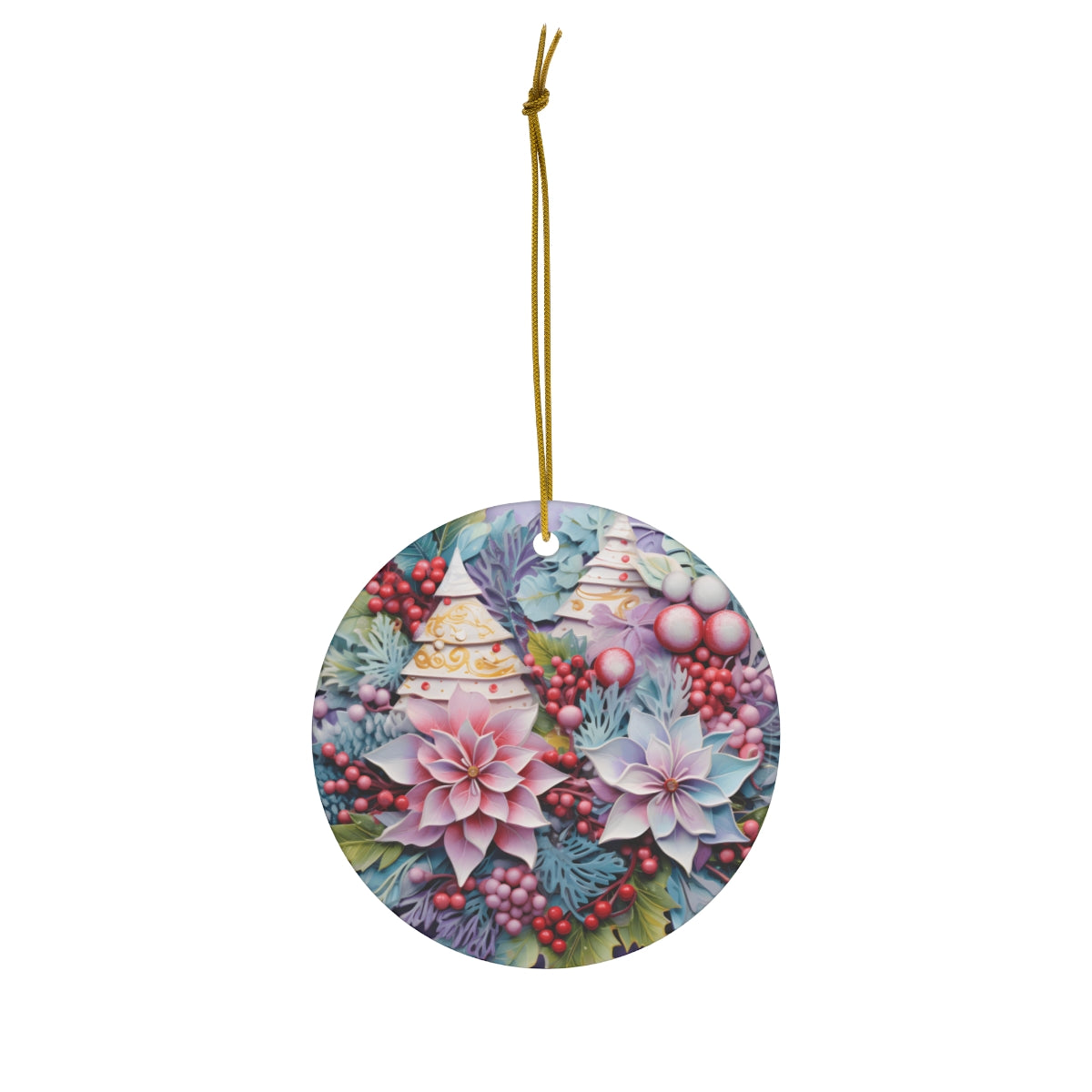 Pastel Floral Christmas Ceramic Ornament - Sculpted Poinsettia
