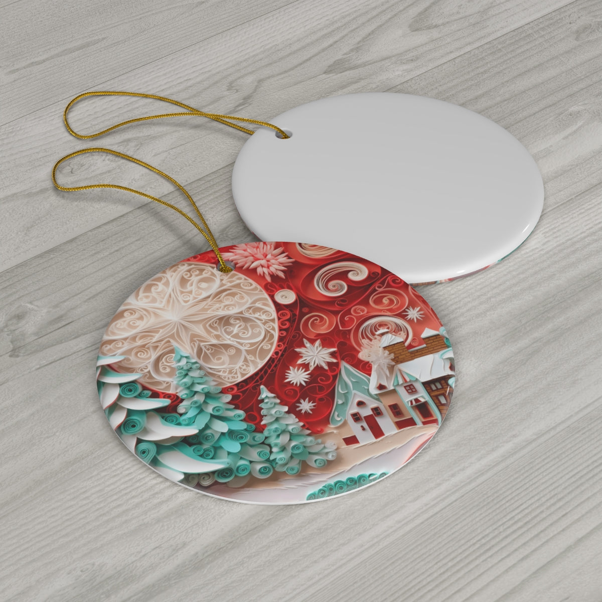 Quilling Art Ceramic Ornament - Red Moon Winter Village