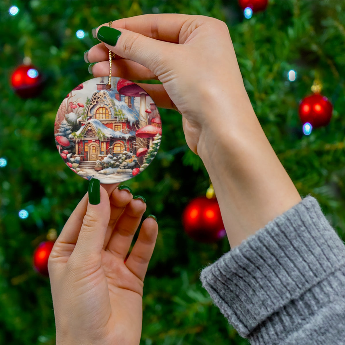 Fairytale Mushroom Cottage Ceramic Ornament - Whimsical Winter