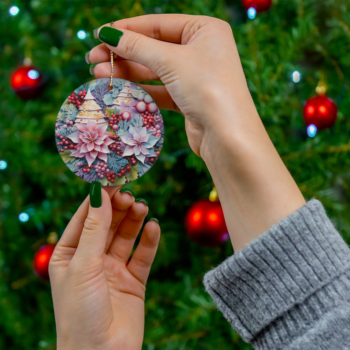 Pastel Floral Christmas Ceramic Ornament - Sculpted Poinsettia