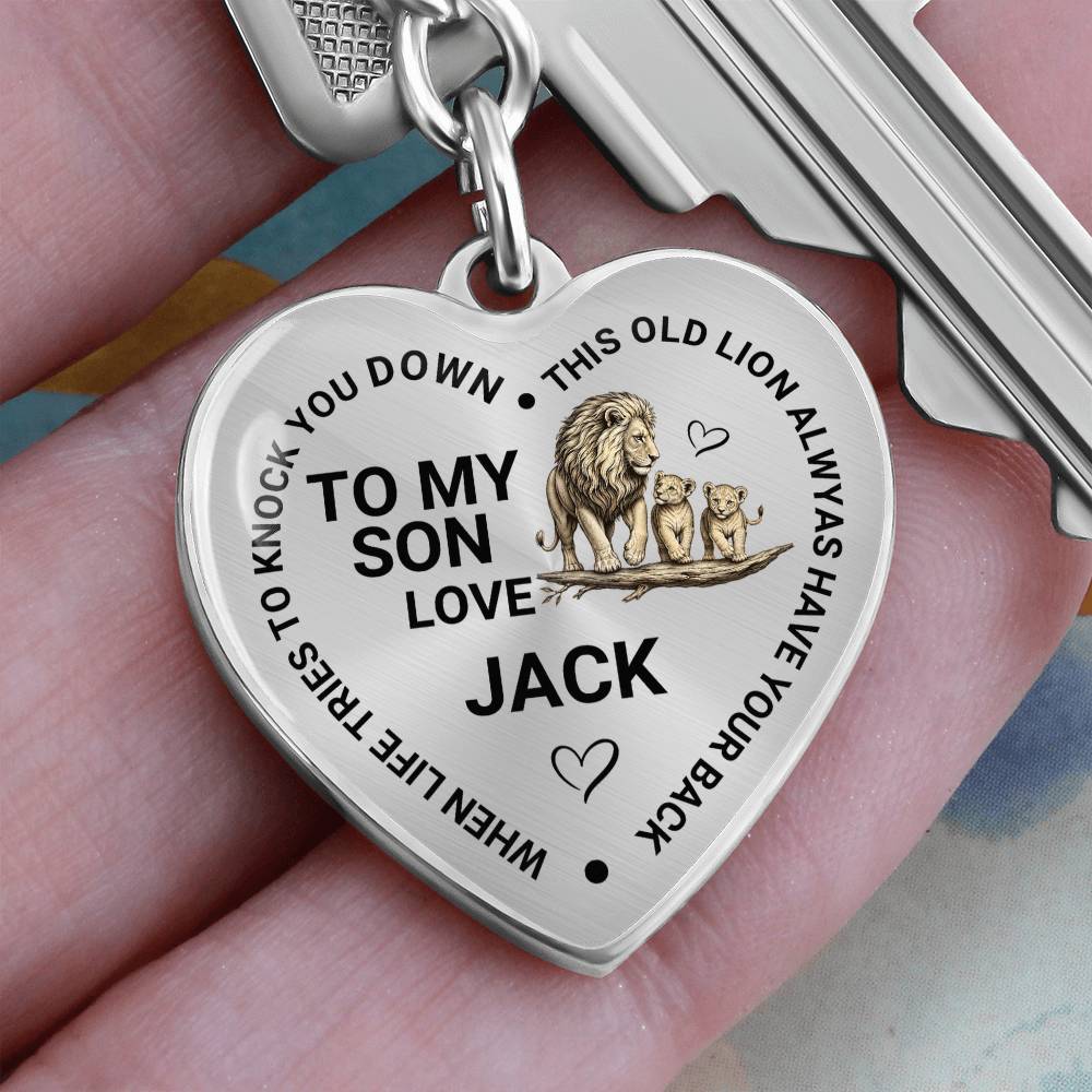 To My Son Heart Keychain Gift from Dad, Old Lion Always Has Your Back Personalized Keepsake