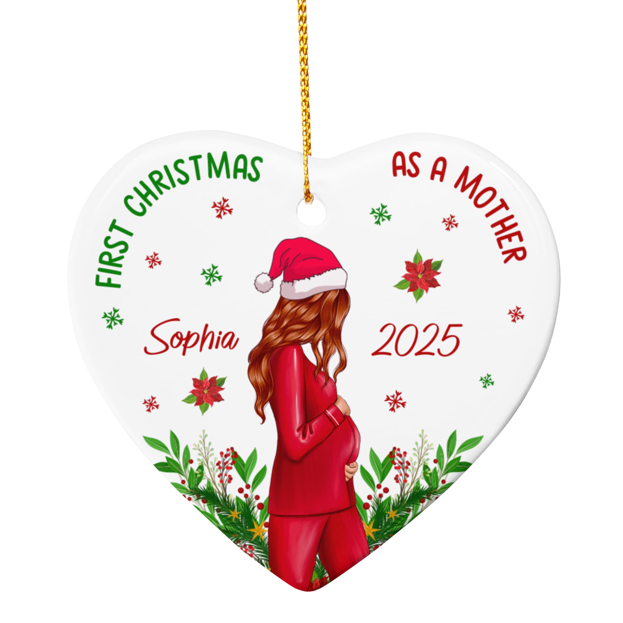 First Christmas as a Mother Heart Ornament – Personalized Ceramic Christmas Ornament for New Mom, Custom Name & Year Holiday Keepsake