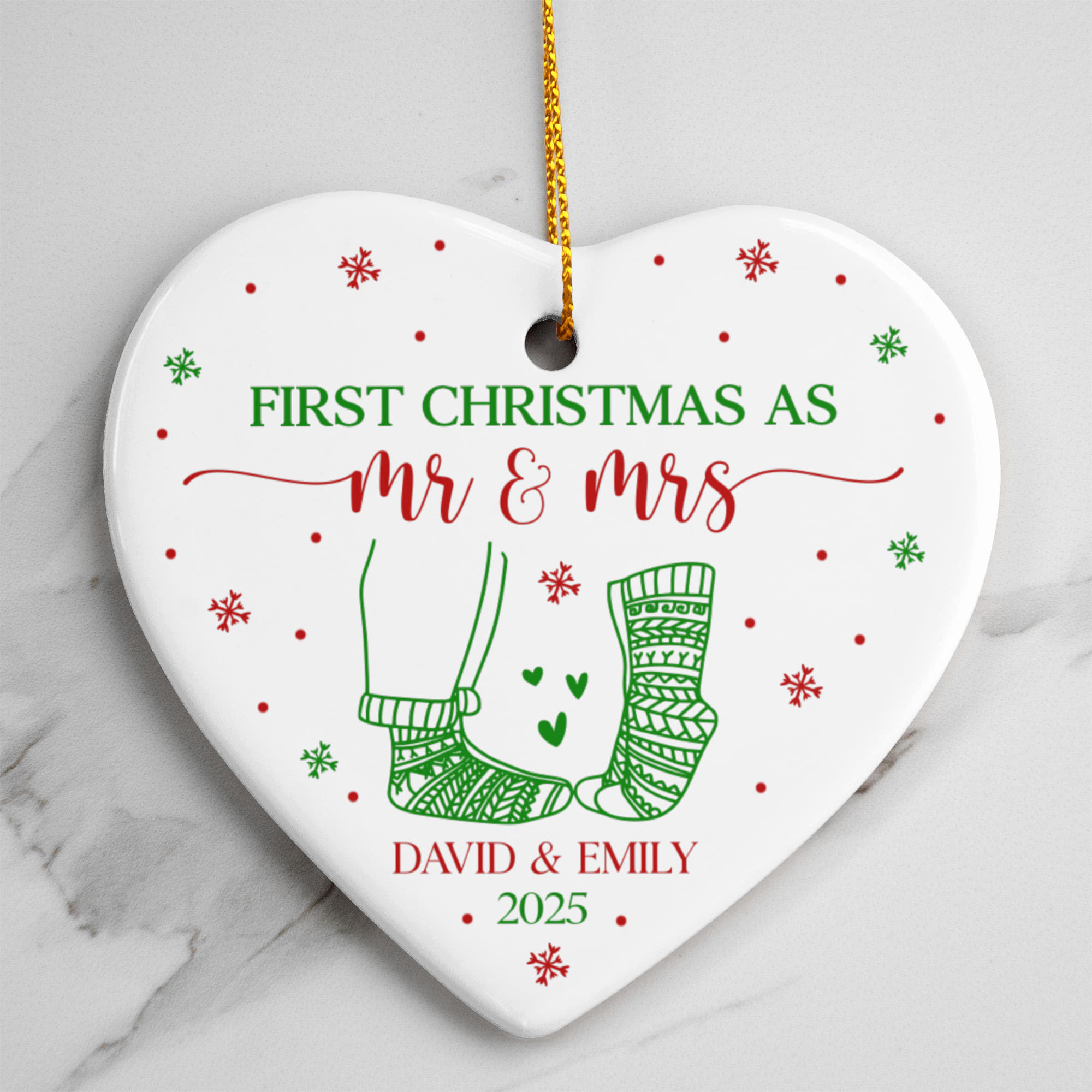 First Christmas as Mr & Mrs Heart Ornament – Personalized Ceramic Christmas Ornament with Names & Year, Wedding & Newlywed Gift