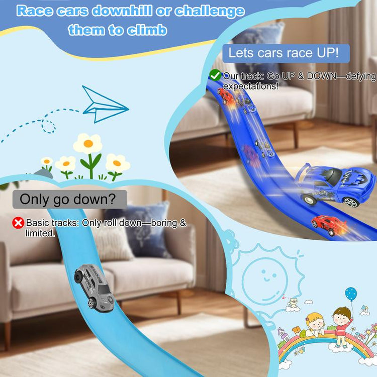 Flex Tracks 20 Ft for Kids, Flexible Race Car Ramp Track with 4 Small Racecars Suction Cups and Hook, Compatible with Hot Wheels and Diecast 1/50Th Cars, Rolls up Portable Racetrack for Ages 3 8 Up, Birthday Christmas Gifts for Kids