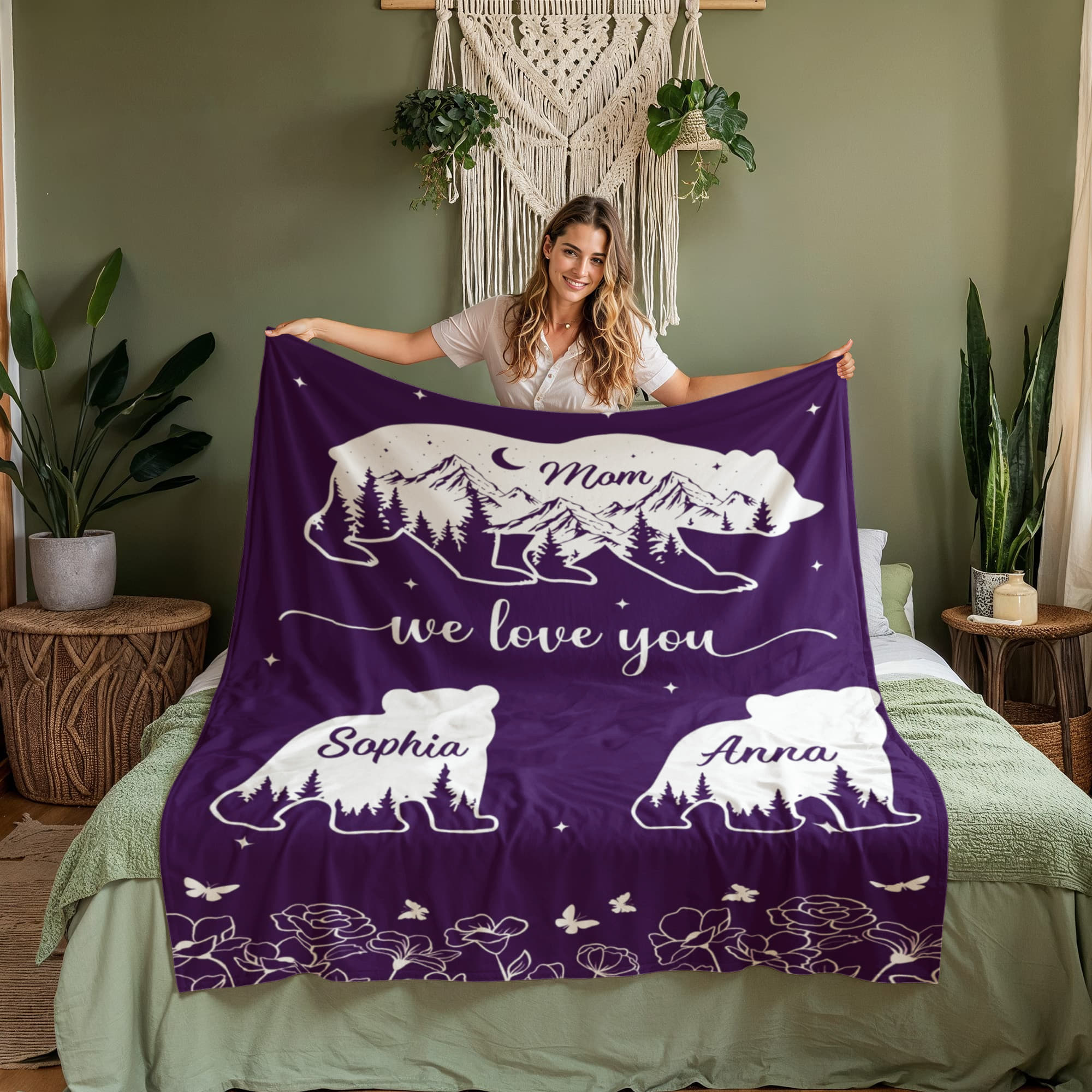 Mom We Love You Personalized Bear Blanket – Custom Mom Blanket with Kids Names, Mother’s Day Gift for Mom, Family Bear Throw Blanket