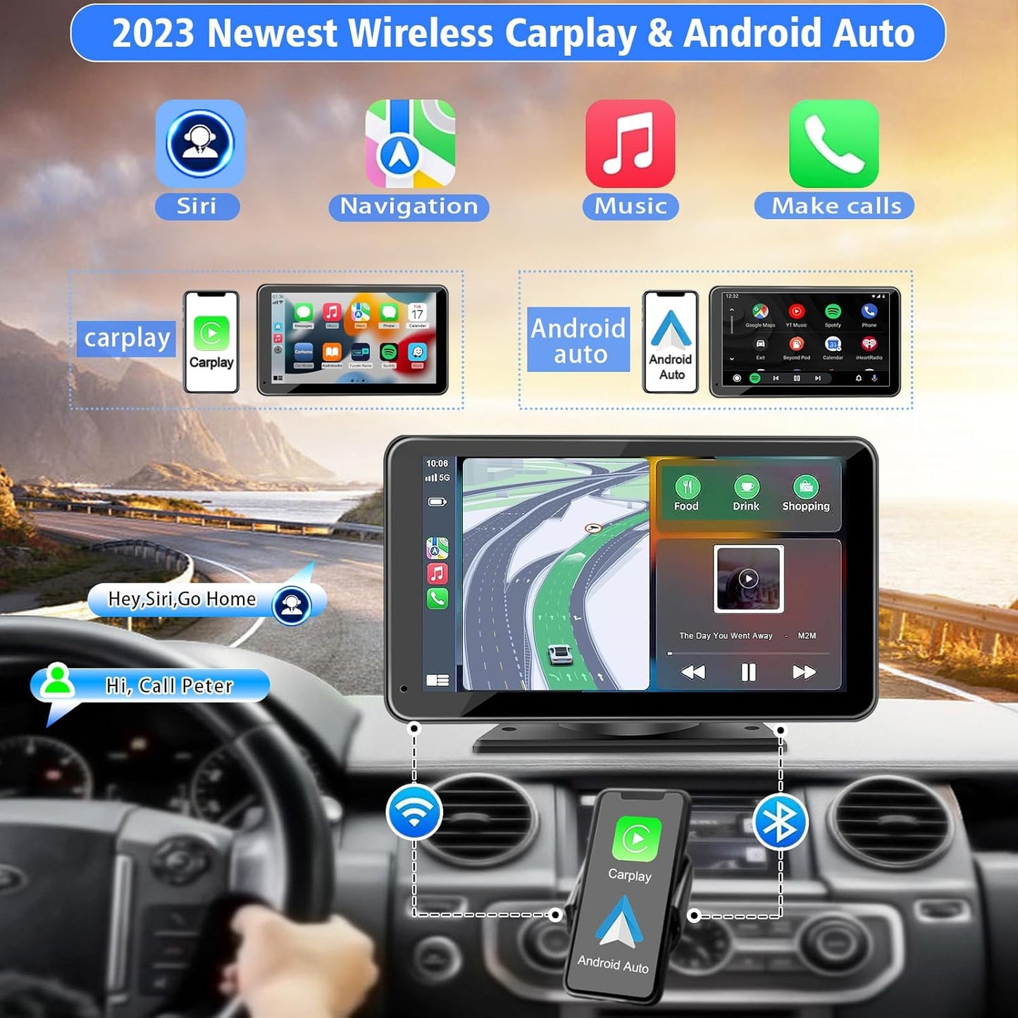 Portable Wireless APPLE Carplay and Android Auto Screen 7" HD Touch Screen