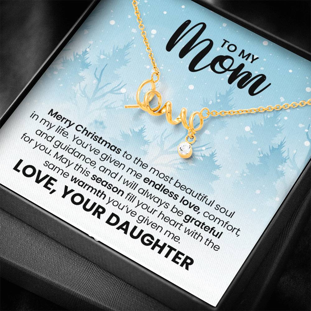 Love Necklace for Mom – Meaningful Christmas Gift from Daughter, Gold Scripted Love Necklace with Heartfelt Message Card