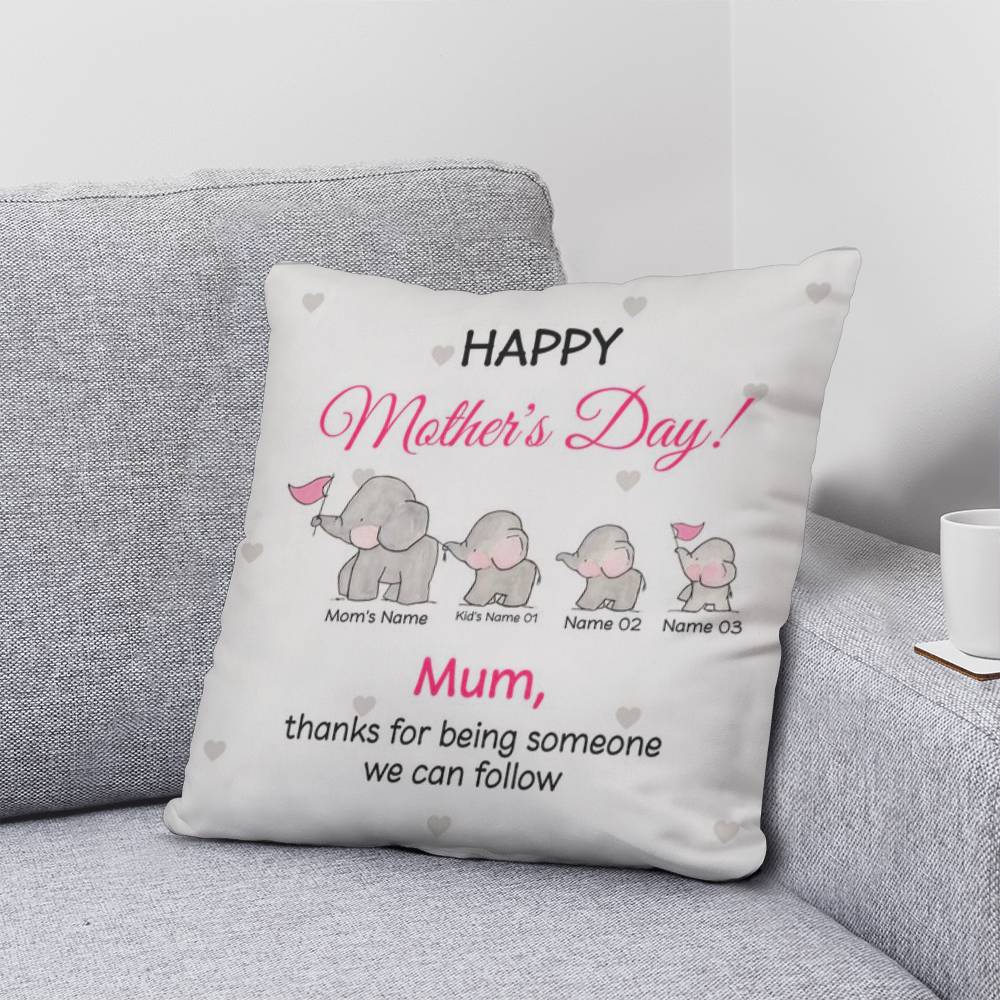 Personalized Mother’s Day Elephant Pillow – Custom Mom and Kids Name Pillow, Happy Mother’s Day Gift for Mom, Cute Mom Throw Pillow