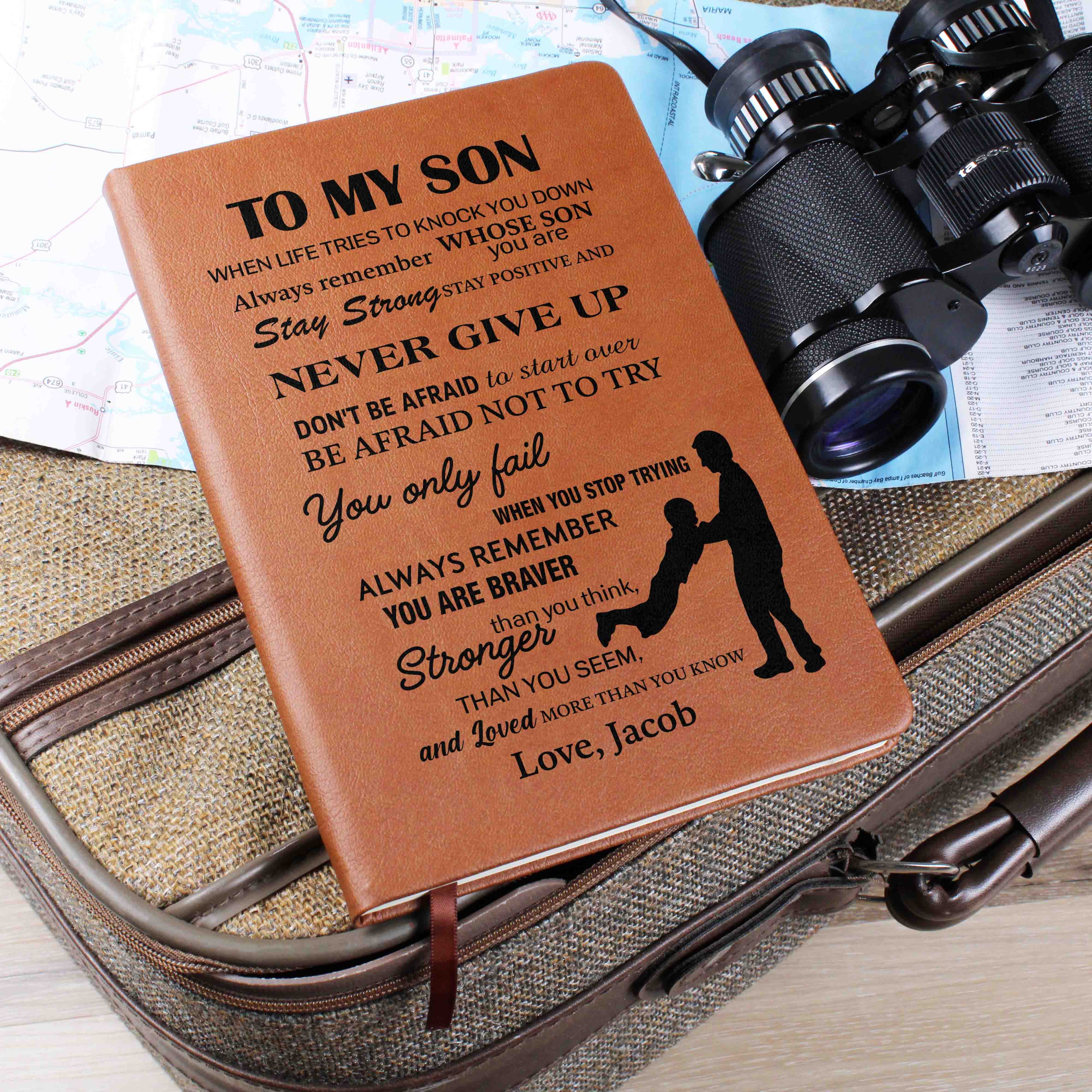 To My Son Personalized Leather Journal Gift from Dad, Never Give Up Inspirational Keepsake Notebook