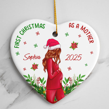 First Christmas as a Mother Heart Ornament – Personalized Ceramic Christmas Ornament for New Mom, Custom Name &amp; Year Holiday Keepsake