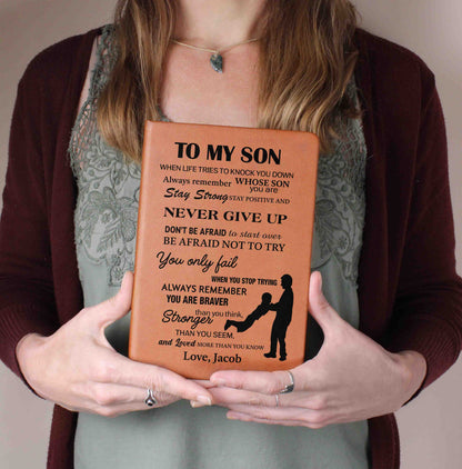 To My Son Personalized Leather Journal Gift from Dad, Never Give Up Inspirational Keepsake Notebook