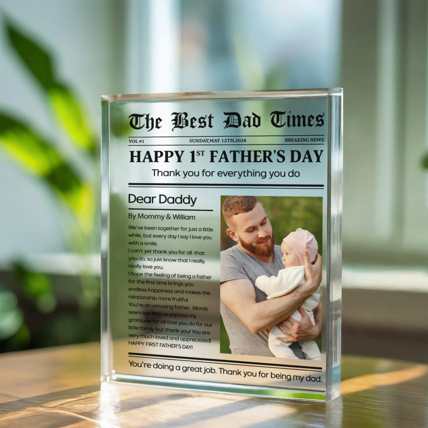 personalized newspaper style acrylic plaque happy 1st fathers day