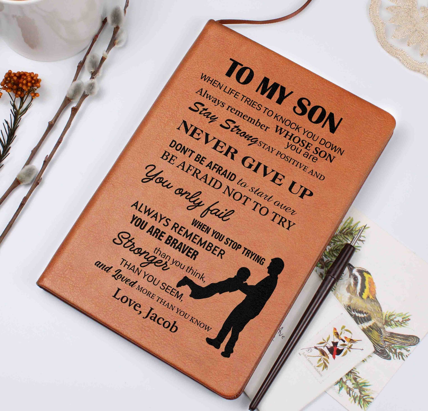 To My Son Personalized Leather Journal Gift from Dad, Never Give Up Inspirational Keepsake Notebook