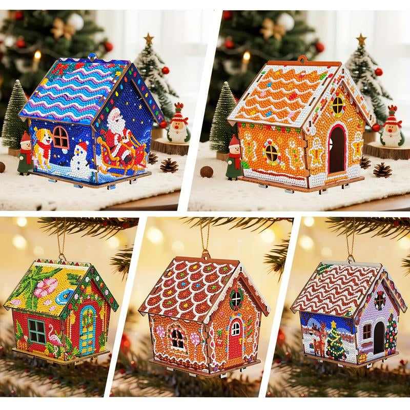 3D Wooden Puzzle Diamond Painting Kit: Gingerbread House DIY Craft with Sparkling Christmas Decorations - Snowman, Christmas Tree, Stocking. Home Desktop Art for Teens & Adults, Christmas Gift & Party Decor, Holiday Crafts,Festive Artwork,