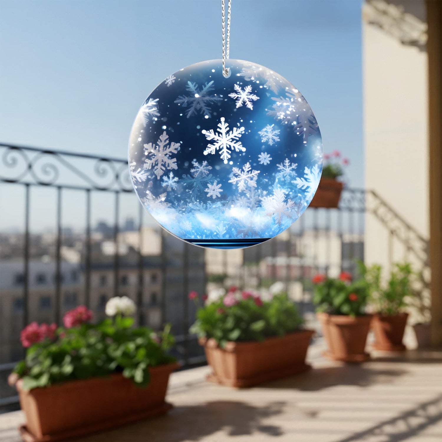 Snowflake Acrylic Ornament – 3" Round Winter Blue Holiday Decoration with Silver Cord &amp; One-Sided UV Printing
