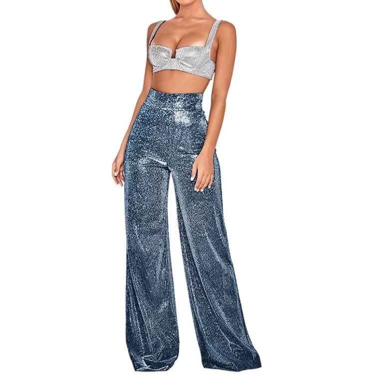 Metallic Sparkly Wide Leg Pants Women Elastic High Waist Glitter Sequin Palazzo Pants Casual Loose Party Clubwear Long Trousers