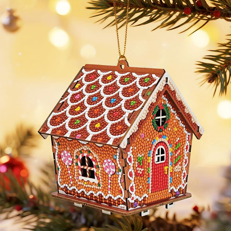 3D Wooden Puzzle Diamond Painting Kit: Gingerbread House DIY Craft with Sparkling Christmas Decorations - Snowman, Christmas Tree, Stocking. Home Desktop Art for Teens & Adults, Christmas Gift & Party Decor, Holiday Crafts,Festive Artwork,