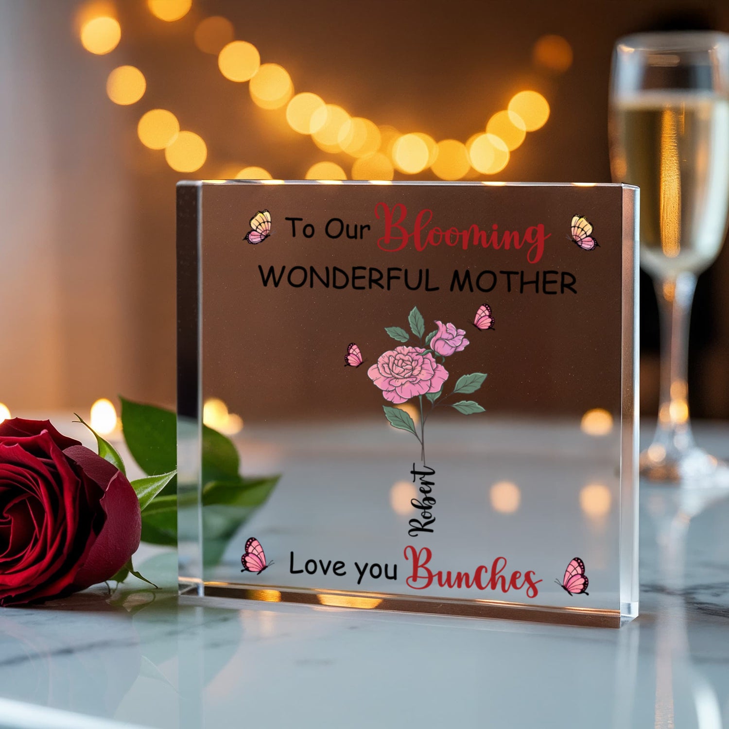 Blooming Wonderful Mother Personalized Acrylic Plaque – Custom Mom Gift with Kids Names, Mother’s Day Gift for Mom, Floral Mom Keepsake Sign