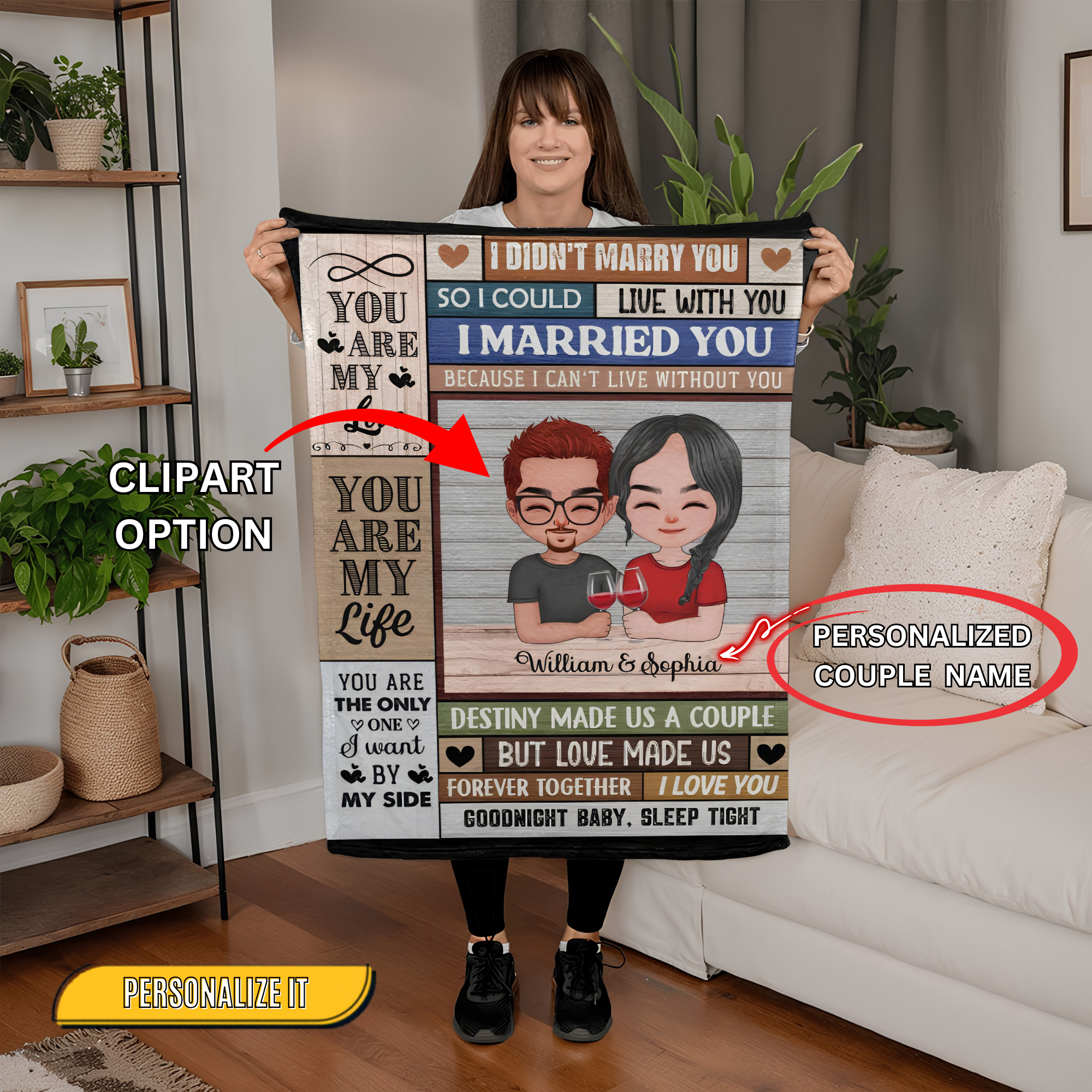 Personalized Couple Blanket with Cartoon Portrait – Custom Names Romantic Throw Blanket Gift for Husband and Wife, Anniversary or Wedding Keepsake