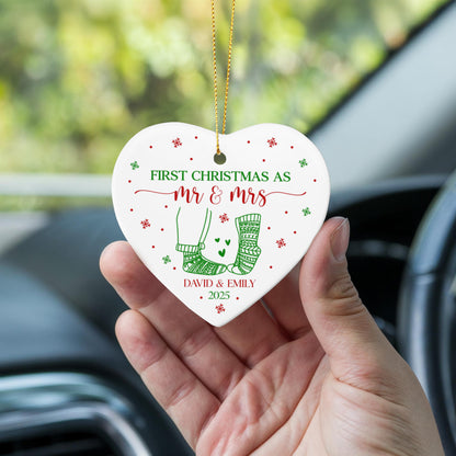 First Christmas as Mr &amp; Mrs Heart Ornament – Personalized Ceramic Christmas Ornament with Names &amp; Year, Wedding &amp; Newlywed Gift