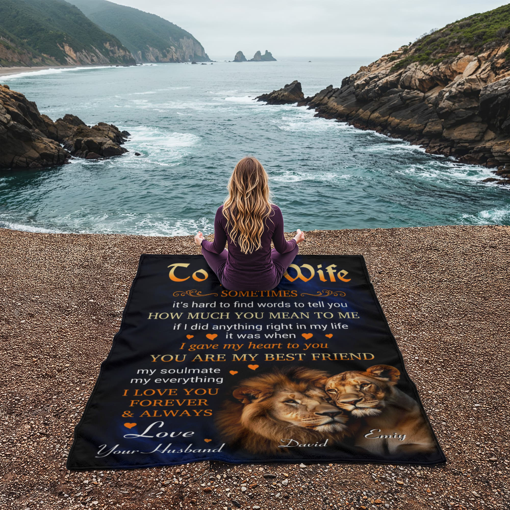 To My Wife Blanket with Lion Couple Design – Personalized Romantic Throw Blanket Gift from Husband, Anniversary or Wedding Keepsake