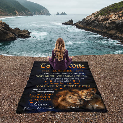To My Wife Blanket with Lion Couple Design – Personalized Romantic Throw Blanket Gift from Husband, Anniversary or Wedding Keepsake