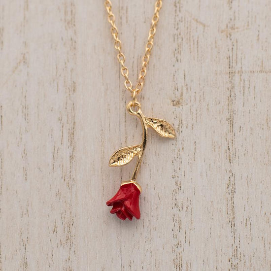 Red Rose Pendant Necklace with Stem, Valentines Day Gift, Wife/Girlfriend