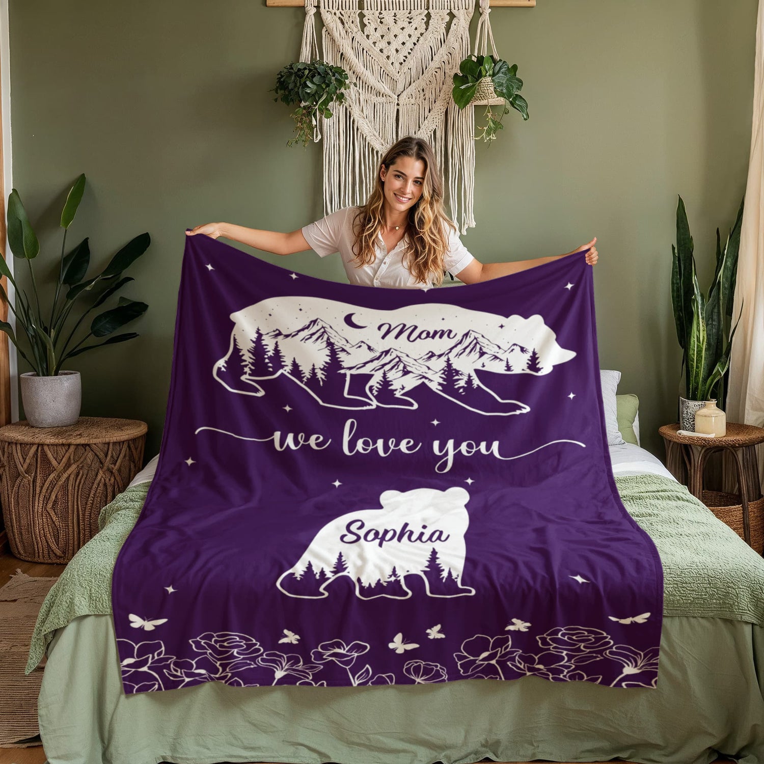 Mom We Love You Personalized Bear Blanket – Custom Mom Blanket with Kids Names, Mother’s Day Gift for Mom, Family Bear Throw Blanket