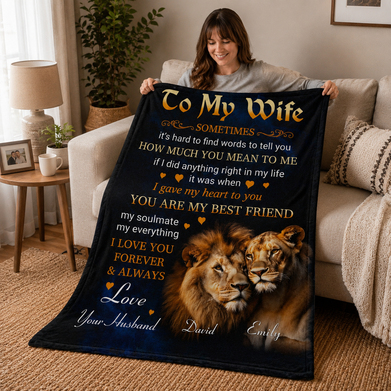 Personalized To My Wife Lion Couple Blanket – Custom Name Romantic Gift from Husband to Wife