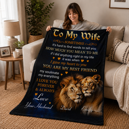 Personalized To My Wife Lion Couple Blanket – Custom Name Romantic Gift from Husband to Wife
