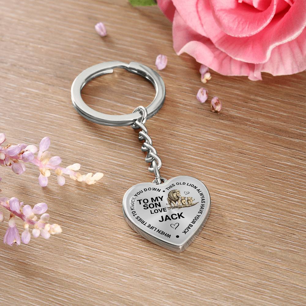 To My Son Heart Keychain Gift from Dad, Old Lion Always Has Your Back Personalized Keepsake
