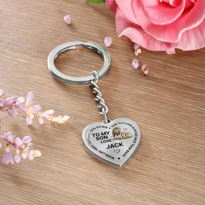 To My Son Heart Keychain Gift from Dad, Old Lion Always Has Your Back Personalized Keepsake