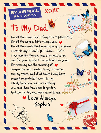 To My Dad Airmail Personalized Fleece Blanket – Heartfelt Letter from Daughter Gift