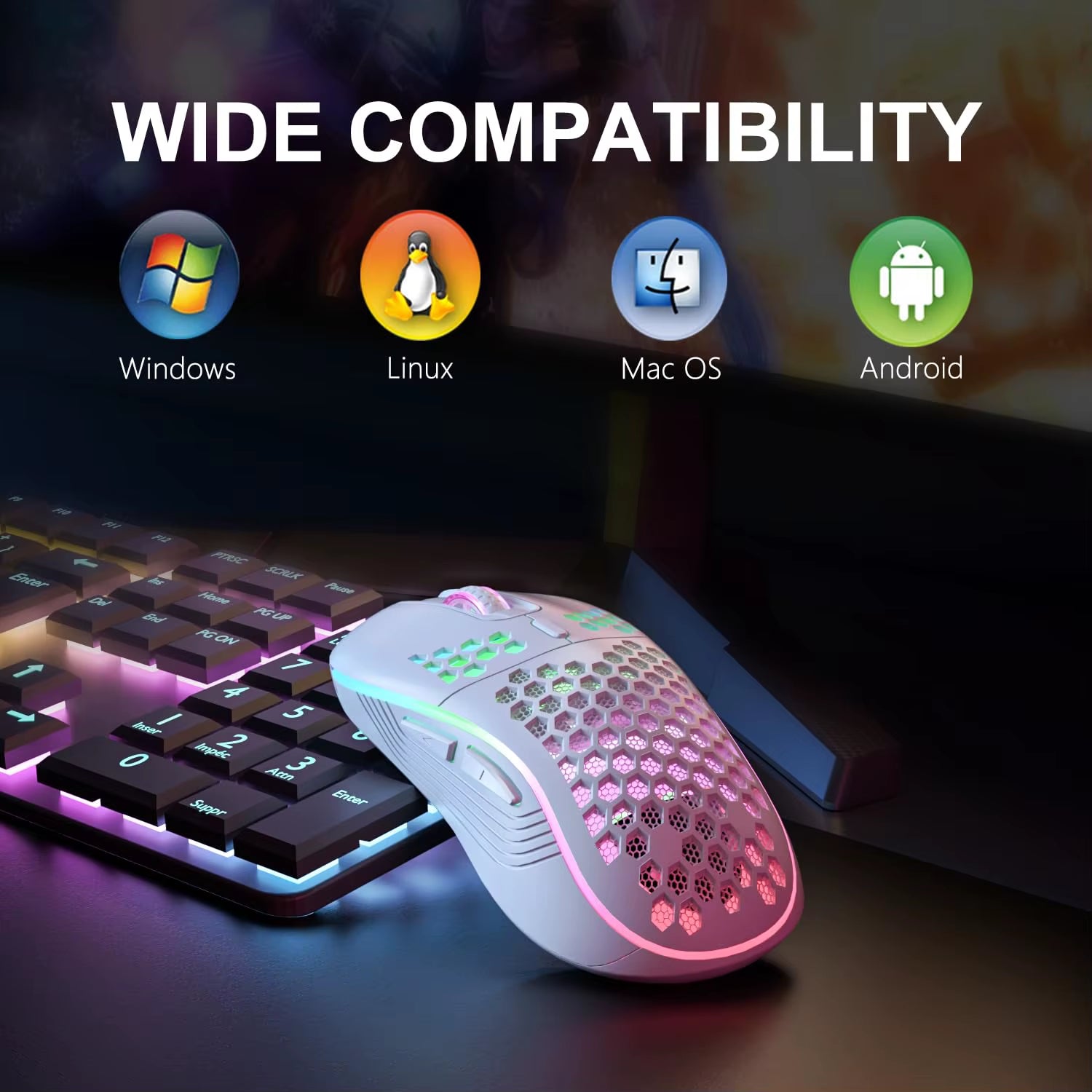 RGB Wireless Gaming Mouse - Ergonomic Honeycomb Design, 6 Buttons, 3-Speed DPI, Type C Rechargeable