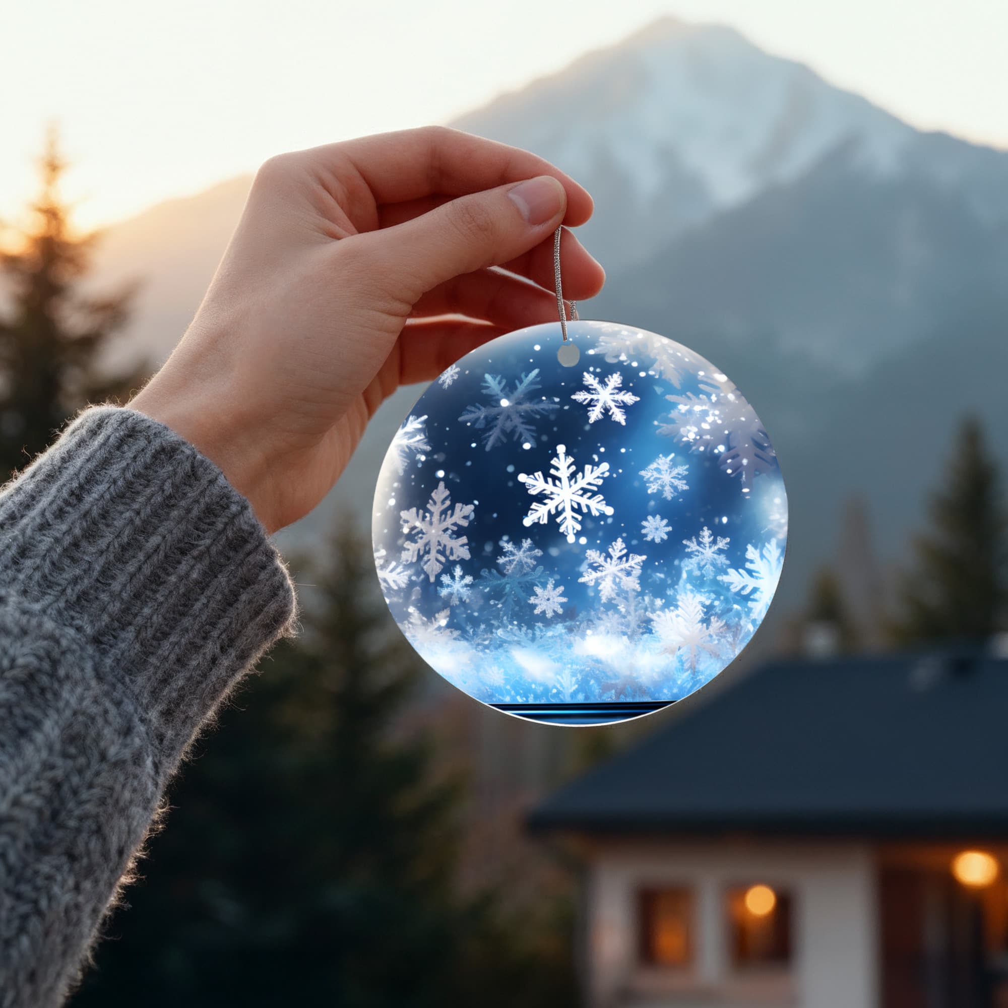 Snowflake Acrylic Ornament – 3" Round Winter Blue Holiday Decoration with Silver Cord &amp; One-Sided UV Printing