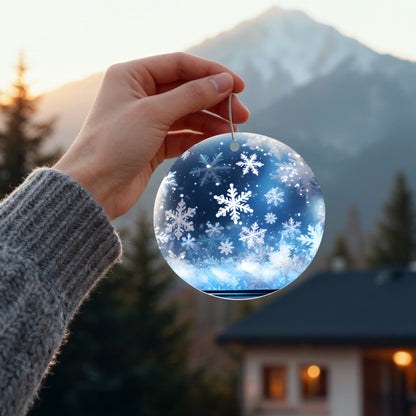Snowflake Acrylic Ornament – 3" Round Winter Blue Holiday Decoration with Silver Cord &amp; One-Sided UV Printing