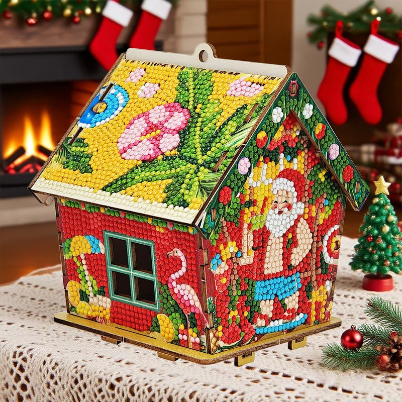 3D Wooden Puzzle Diamond Painting Kit: Gingerbread House DIY Craft with Sparkling Christmas Decorations - Snowman, Christmas Tree, Stocking. Home Desktop Art for Teens & Adults, Christmas Gift & Party Decor, Holiday Crafts,Festive Artwork,