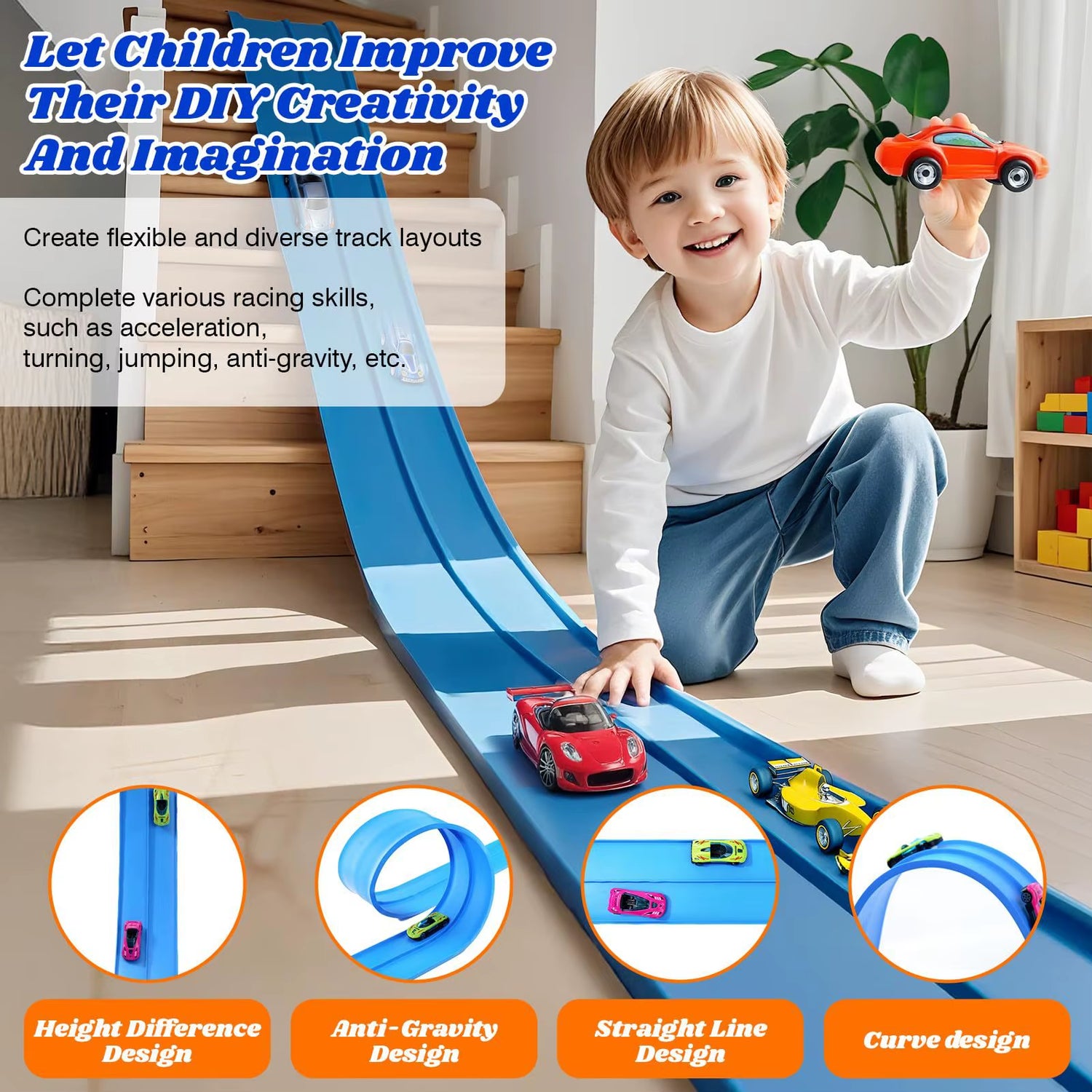 Flexible Race Track Children Toys DIY Double-Track Racing Car Ramp Track Compatible 1/64Th Cars Portable Rolls up Race Tracks
