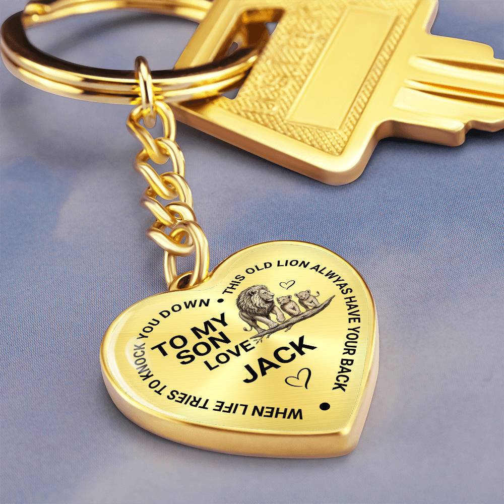 To My Son Heart Keychain Gift from Dad, Old Lion Always Has Your Back Personalized Keepsake