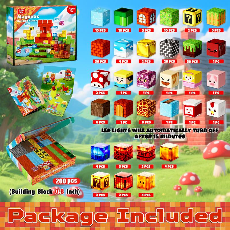 200PCS Magnetic Blocks with Light Blocks - Magnetic Blocks for Kids Ages 4 5 6 7 8 9 10, Magnetic Building Cubes, Magnetic Building Block, Birthday Gifts for 3-10 Years Old Boy Girls, STEM Toy
