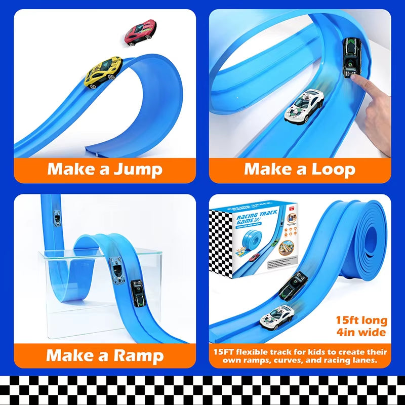 Flexible Race Track Children Toys DIY Double-Track Racing Car Ramp Track Compatible 1/64Th Cars Portable Rolls up Race Tracks