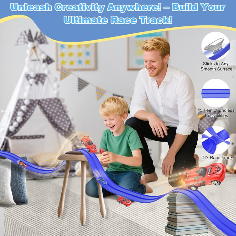 Flex Tracks 20 Ft for Kids, Flexible Race Car Ramp Track with 4 Small Racecars Suction Cups and Hook, Compatible with Hot Wheels and Diecast 1/50Th Cars, Rolls up Portable Racetrack for Ages 3 8 Up, Birthday Christmas Gifts for Kids